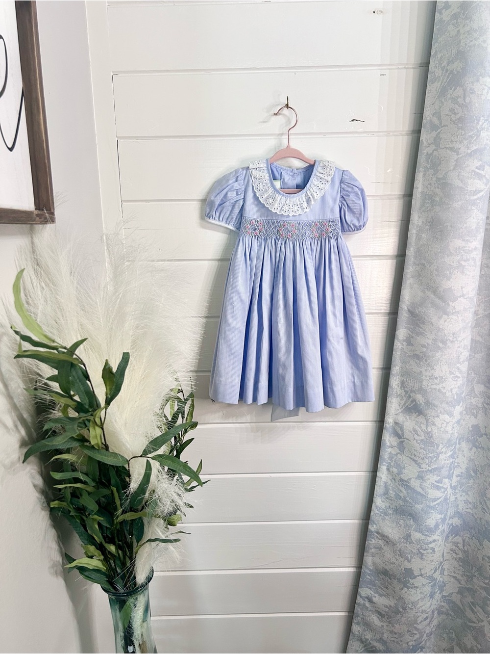 Smocked Light Blue Puff Sleeve Girls Dress with Lace Collar